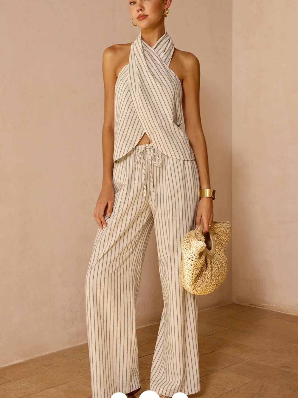 Commense Striped Cotton Linen Halter Top & Pants Set - XL
